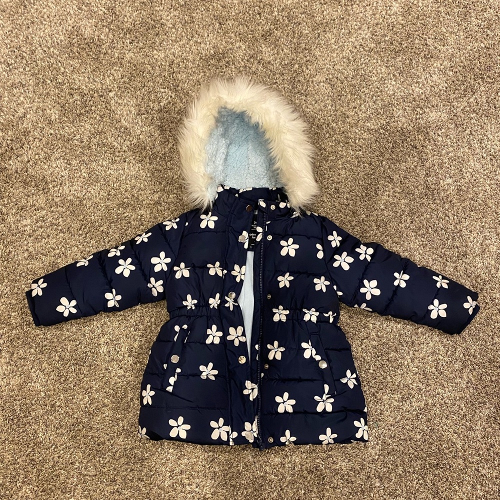Girls' Navy Floral Puffer Coat with Faux Fur Hood